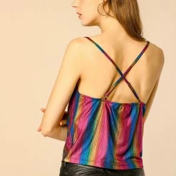 Allegra K Women's Cowl Neck Sparkly Club Metallic Glitter Spaghetti Strap Camisole Top