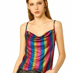 Allegra K Women's Cowl Neck Sparkly Club Metallic Glitter Spaghetti Strap Camisole Top