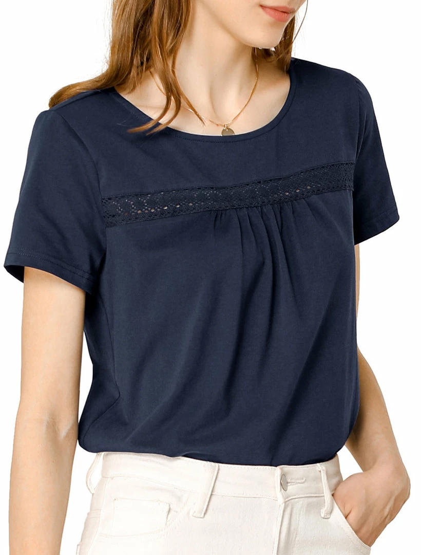 Allegra K Women's Round Neck Short Sleeve Lace Trim Pleated Front Solid Color Blouse Top 15 Allegra K Women's Round Neck Short Sleeve Lace Trim Pleated Front Solid Color Blouse Top