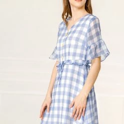 Allegra K Women's Checkered Plaid V-Neck Button Flutter Sleeve Mini Dress
