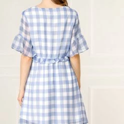 Allegra K Women's Checkered Plaid V-Neck Button Flutter Sleeve Mini Dress