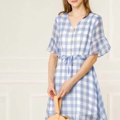 Allegra K Women's Checkered Plaid V-Neck Button Flutter Sleeve Mini Dress
