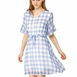 Allegra K Women's Checkered Plaid V-Neck Button Flutter Sleeve Mini Dress