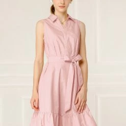 Allegra K Women's Cotton Dresses Casual Ruffled Sleeveless Vintage Shirt Dress With Belt