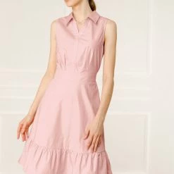 Allegra K Women's Cotton Dresses Casual Ruffled Sleeveless Vintage Shirt Dress With Belt