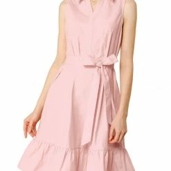 Allegra K Women's Cotton Dresses Casual Ruffled Sleeveless Vintage Shirt Dress With Belt