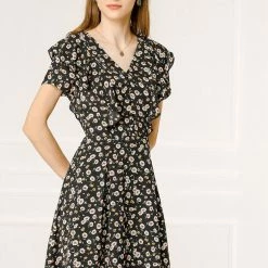 Allegra K Women's Floral Print A-Line V Neck Ruffle Dress