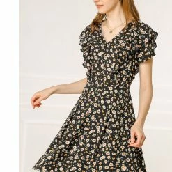 Allegra K Women's Floral Print A-Line V Neck Ruffle Dress