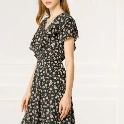 Allegra K Women's Floral Print A-Line V Neck Ruffle Dress