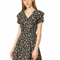 Allegra K Women's Floral Print A-Line V Neck Ruffle Dress