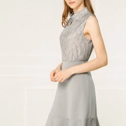 Allegra K Women's Floral Keyhole Ruffled Hem Work Elegant Sleeveless Dress