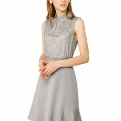 Allegra K Women's Floral Keyhole Ruffled Hem Work Elegant Sleeveless Dress