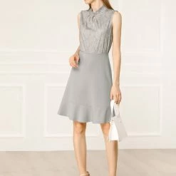 Allegra K Women's Floral Keyhole Ruffled Hem Work Elegant Sleeveless Dress