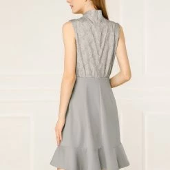 Allegra K Women's Floral Keyhole Ruffled Hem Work Elegant Sleeveless Dress