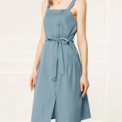 Allegra K The Summer Chill Women's Vintage Sleeveless Square Neck Button Jumper Suspender Dress With Pockets