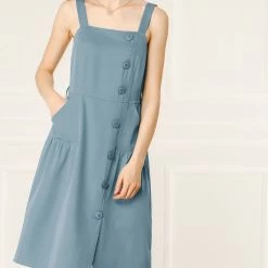 Allegra K The Summer Chill Women's Vintage Sleeveless Square Neck Button Jumper Suspender Dress With Pockets