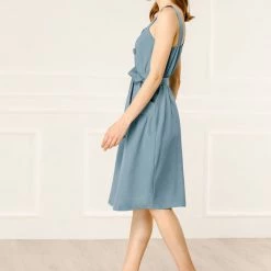 Allegra K The Summer Chill Women's Vintage Sleeveless Square Neck Button Jumper Suspender Dress With Pockets