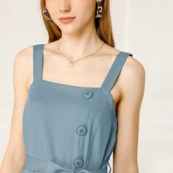 Allegra K The Summer Chill Women's Vintage Sleeveless Square Neck Button Jumper Suspender Dress With Pockets