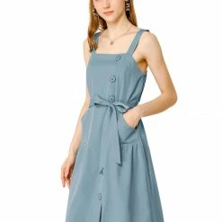 Allegra K The Summer Chill Women's Vintage Sleeveless Square Neck Button Jumper Suspender Dress With Pockets