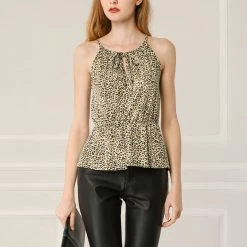 Allegra K Women's Summer Leopard Adjustable Spaghetti Straps Sleeveless Halter Peplum Tops