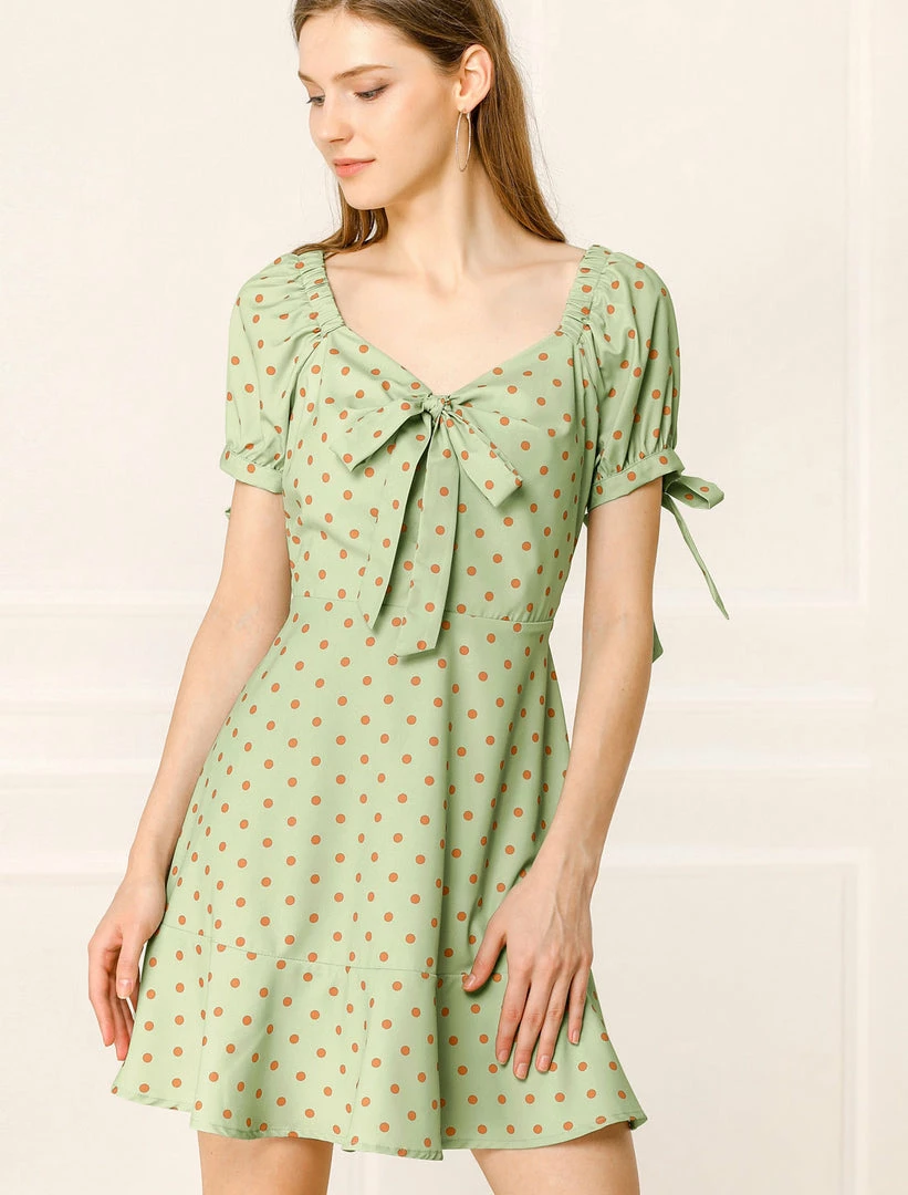 Allegra K Women's A-line Ruffle Hem Bowknot Polka Dots Dress 5 Allegra K Women's A-line Ruffle Hem Bowknot Polka Dots Dress