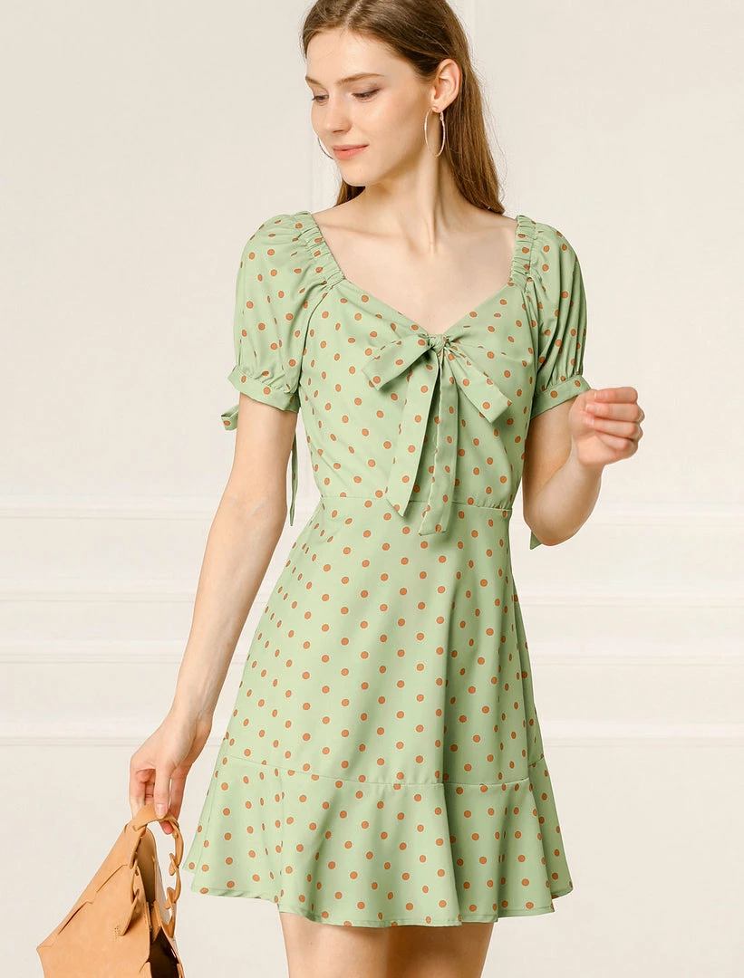 Allegra K Women's A-line Ruffle Hem Bowknot Polka Dots Dress 6 Allegra K Women's A-line Ruffle Hem Bowknot Polka Dots Dress