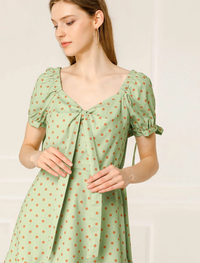 Allegra K Women's A-line Ruffle Hem Bowknot Polka Dots Dress 9 Allegra K Women's A-line Ruffle Hem Bowknot Polka Dots Dress