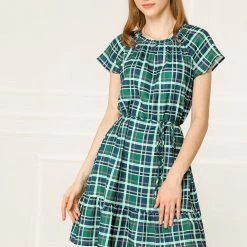 Allegra K Women's Plaid Ruffle Dress Raglan Sleeve Tie Waist Belted Dresses