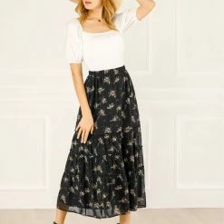 Allegra K Women's Floral Elastic Waist Tiered A-Line Long Chiffon Skirt 14 Allegra K Women's Floral Elastic Waist Tiered A-Line Long Chiffon Skirt