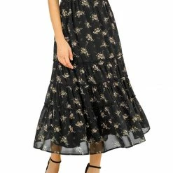 Allegra K Women's Floral Elastic Waist Tiered A-Line Long Chiffon Skirt