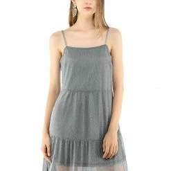 Allegra K Women's Shiny Sundress Party Club Tiered Spaghetti Strap Dress