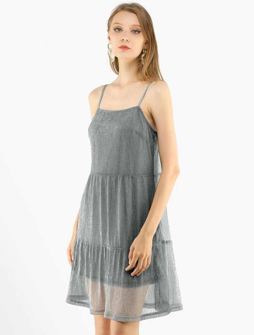 Allegra K Women's Shiny Sundress Party Club Tiered Spaghetti Strap Dress 5 Allegra K Women's Shiny Sundress Party Club Tiered Spaghetti Strap Dress