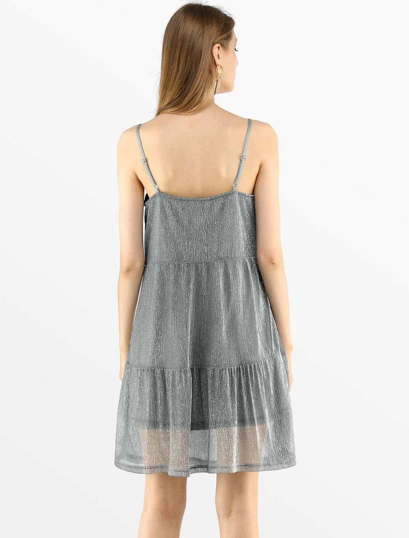 Allegra K Women's Shiny Sundress Party Club Tiered Spaghetti Strap Dress 8 Allegra K Women's Shiny Sundress Party Club Tiered Spaghetti Strap Dress