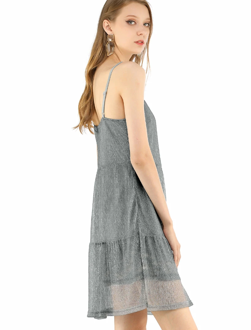 Allegra K Women's Shiny Sundress Party Club Tiered Spaghetti Strap Dress 3 Allegra K Women's Shiny Sundress Party Club Tiered Spaghetti Strap Dress