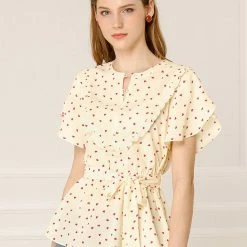 Allegra K Women's Chiffon Belted Ruffle Heart Print Blouse