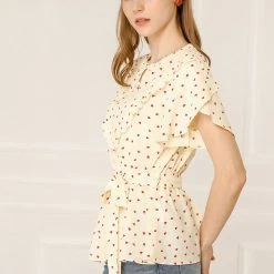 Allegra K Women's Chiffon Belted Ruffle Heart Print Blouse