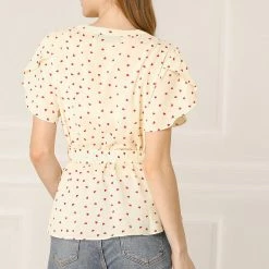 Allegra K Women's Chiffon Belted Ruffle Heart Print Blouse