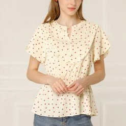 Allegra K Women's Chiffon Belted Ruffle Heart Print Blouse