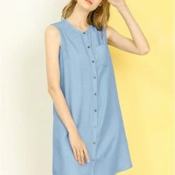 Allegra K Women's Button Up Shirtdress Sleeveless Tunic Denim Chambray Dress With Pocket