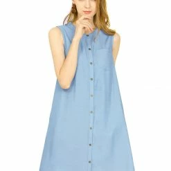 Allegra K Women's Button Up Shirtdress Sleeveless Tunic Denim Chambray Dress With Pocket