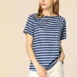 Allegra K Women's Slogan Stripe Short Raglan Sleeves Loose Casual Knit T-Shirt