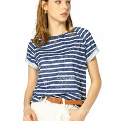 Allegra K Women's Slogan Stripe Short Raglan Sleeves Loose Casual Knit T-Shirt