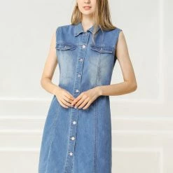 Allegra K Women's Classic Button Down Shirtdress Sleeveless Denim Dress