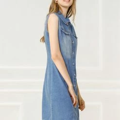 Allegra K Women's Classic Button Down Shirtdress Sleeveless Denim Dress