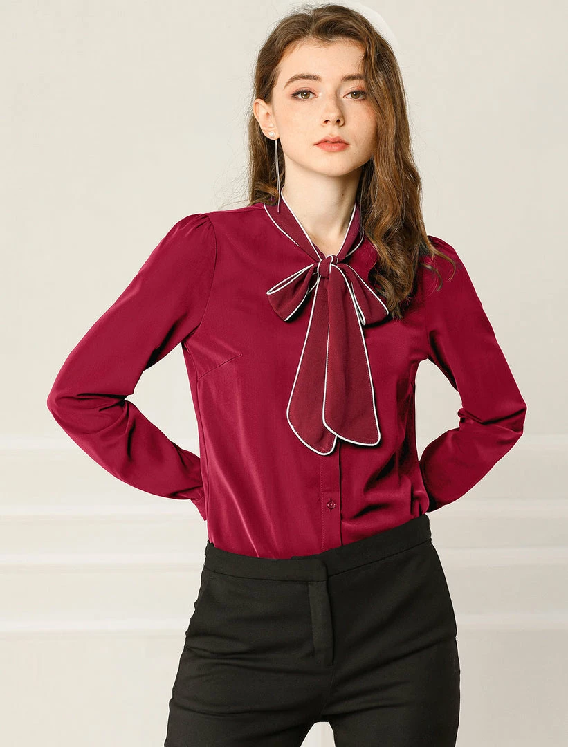 Allegra K Tie Neck Contrast Color Button Down Long Sleeves Shirt 24 Allegra K Tie Neck Contrast Color Button Down Long Sleeves Shirt