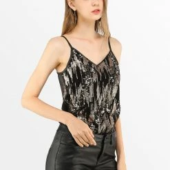 Allegra K Women's Summer Sequin Adjustable Spaghetti Strap Sleeveless V Neck Striped Cami Top