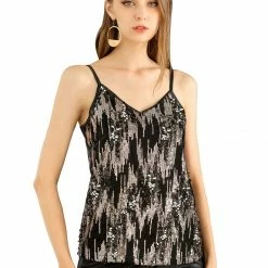 Allegra K Women's Summer Sequin Adjustable Spaghetti Strap Sleeveless V Neck Striped Cami Top
