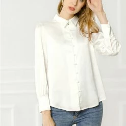 Allegra K Women's Satin Blouse Puff Sleeve Point Collar Vintage Button Up Shirt Tops