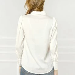 Allegra K Women's Satin Blouse Puff Sleeve Point Collar Vintage Button Up Shirt Tops