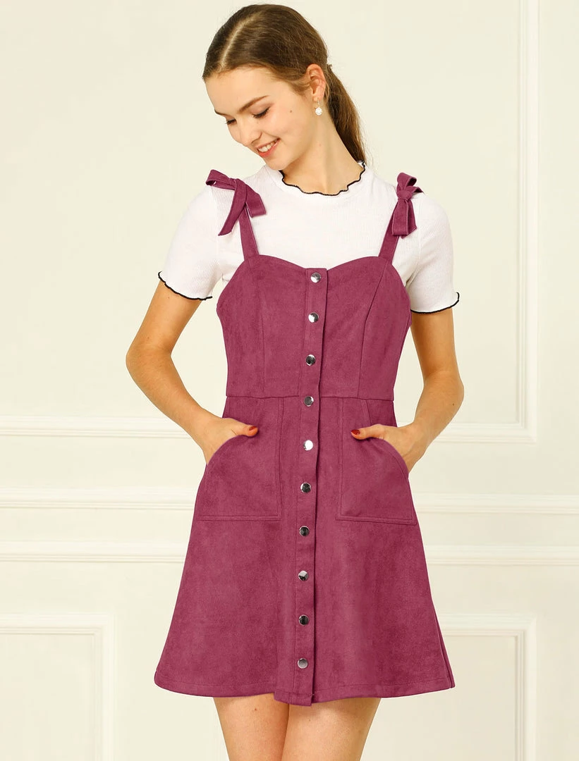 Allegra K Women's Strap Button Down Faux Suede A-Line Mini Overall Dress 40 Allegra K Women's Strap Button Down Faux Suede A-Line Mini Overall Dress